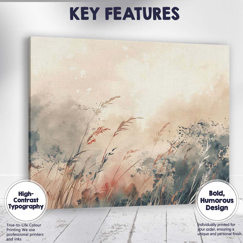 Soft Neutral Wild Meadow Grass Abstract Watercolour Landscape Canvas Wall Art Print Decor Picture Ready to Hang