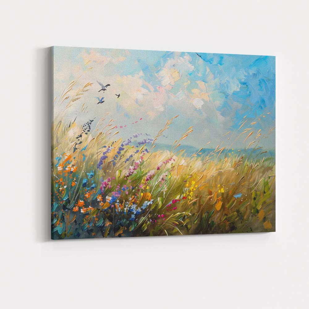 Colourful Wildflower Meadow Under Blue Sky Impressionist Landscape Canvas Wall Art Print Decor Picture Ready to Hang