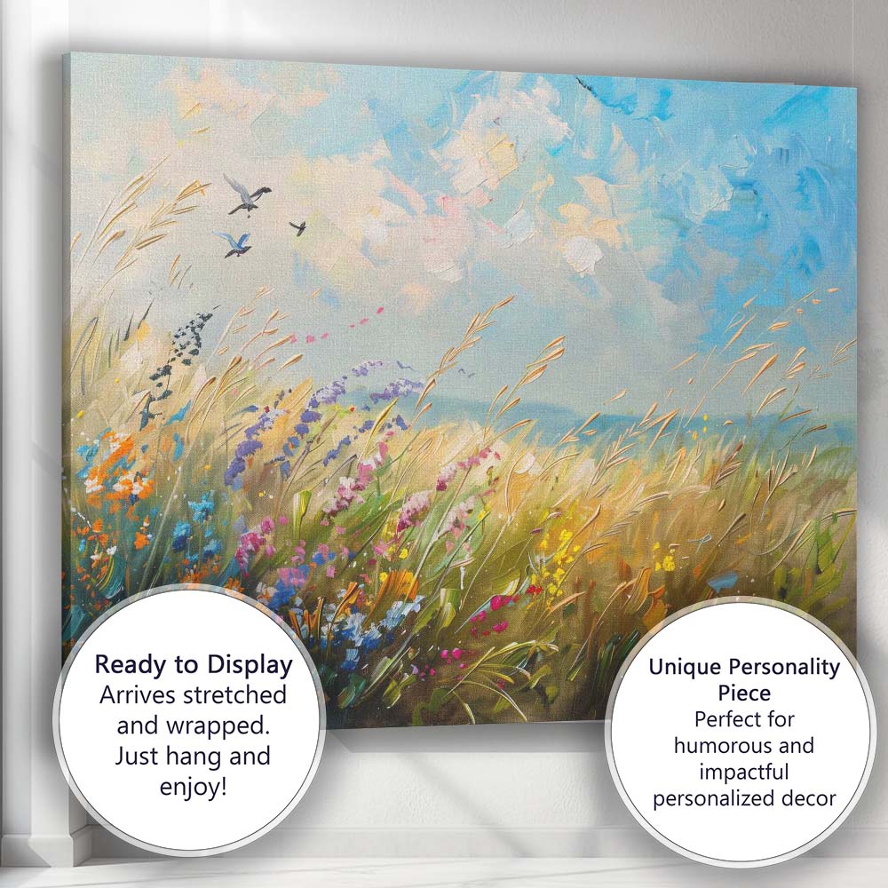 Colourful Wildflower Meadow Under Blue Sky Impressionist Landscape Canvas Wall Art Print Decor Picture Ready to Hang