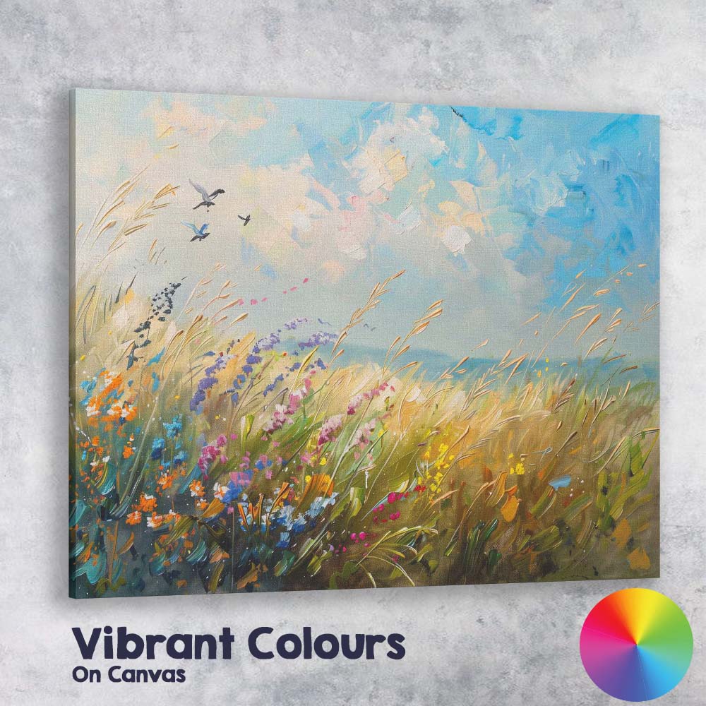 Colourful Wildflower Meadow Under Blue Sky Impressionist Landscape Canvas Wall Art Print Decor Picture Ready to Hang
