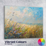 Colourful Wildflower Meadow Under Blue Sky Impressionist Landscape Canvas Wall Art Print Decor Picture Ready to Hang