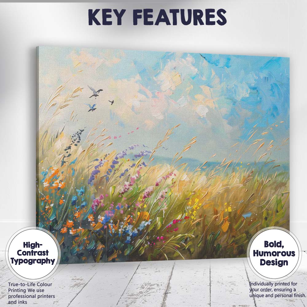 Colourful Wildflower Meadow Under Blue Sky Impressionist Landscape Canvas Wall Art Print Decor Picture Ready to Hang