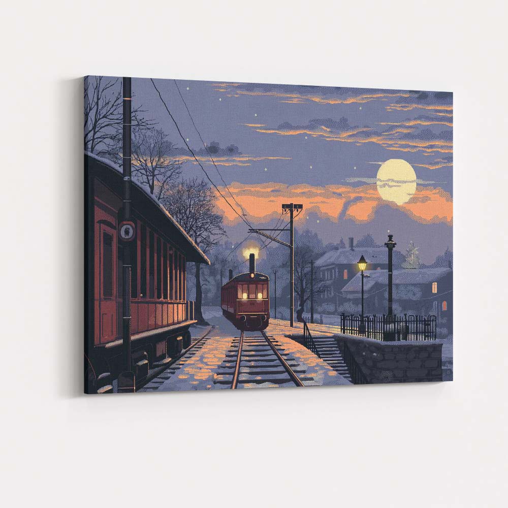 Snowy Village Railway Moonlight Winter Landscape Canvas Wall Art Print Decor Picture Ready to Hang