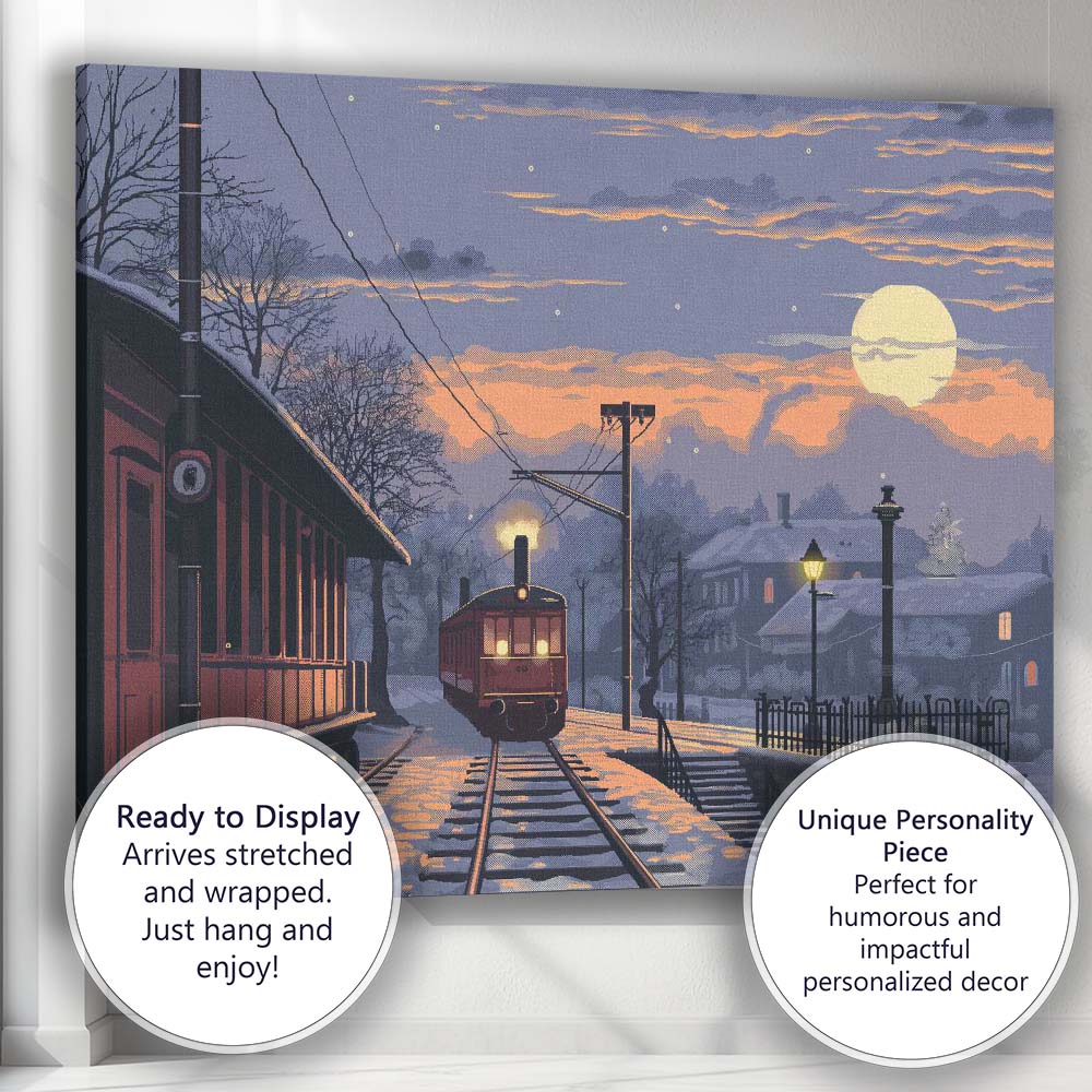 Snowy Village Railway Moonlight Winter Landscape Canvas Wall Art Print Decor Picture Ready to Hang