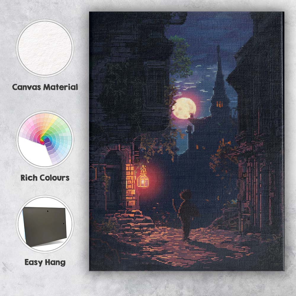 Moonlit Old Town Street Fantasy Nightscape Canvas Wall Art Print Decor Picture Ready to Hang