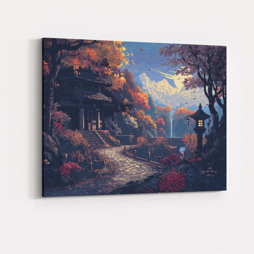 Moonlit Japanese Garden Autumn Temple Landscape Digital Art Canvas Wall Art Print Decor Picture Ready to Hang