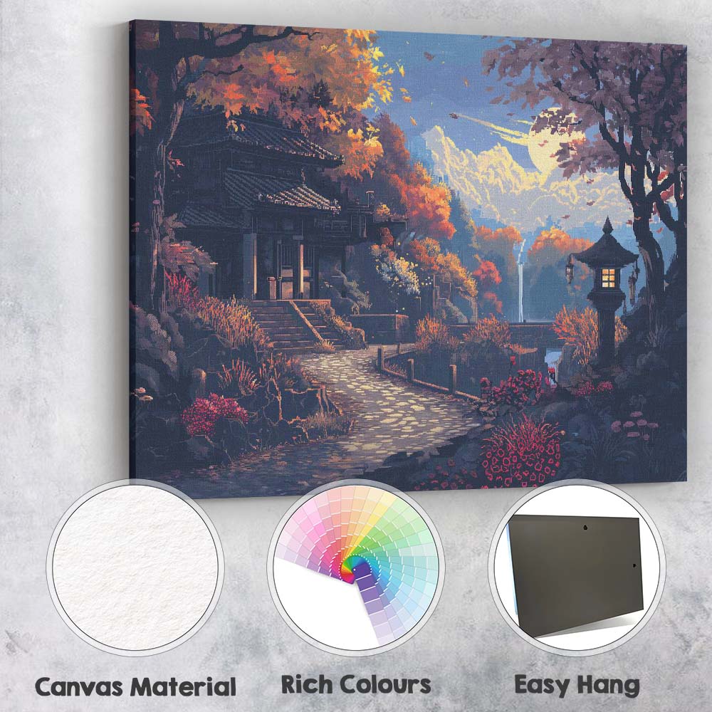 Moonlit Japanese Garden Autumn Temple Landscape Digital Art Canvas Wall Art Print Decor Picture Ready to Hang