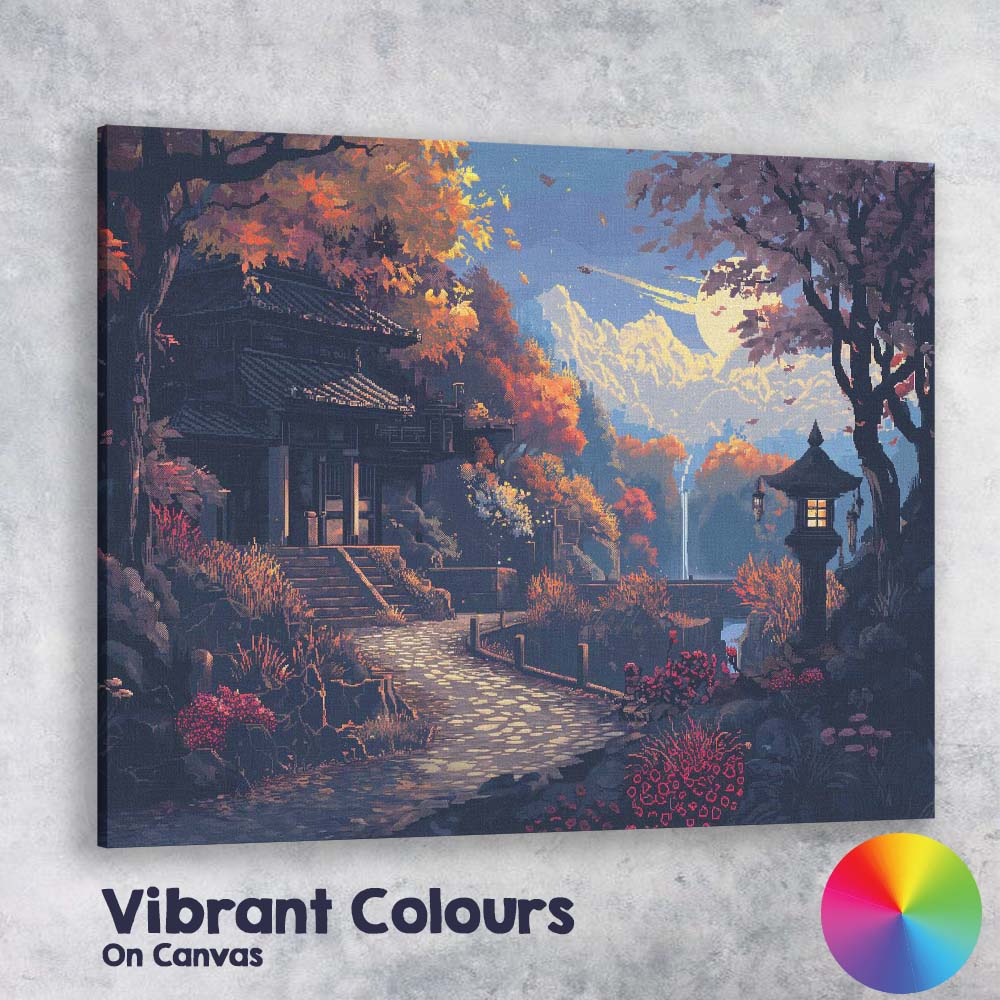 Moonlit Japanese Garden Autumn Temple Landscape Digital Art Canvas Wall Art Print Decor Picture Ready to Hang