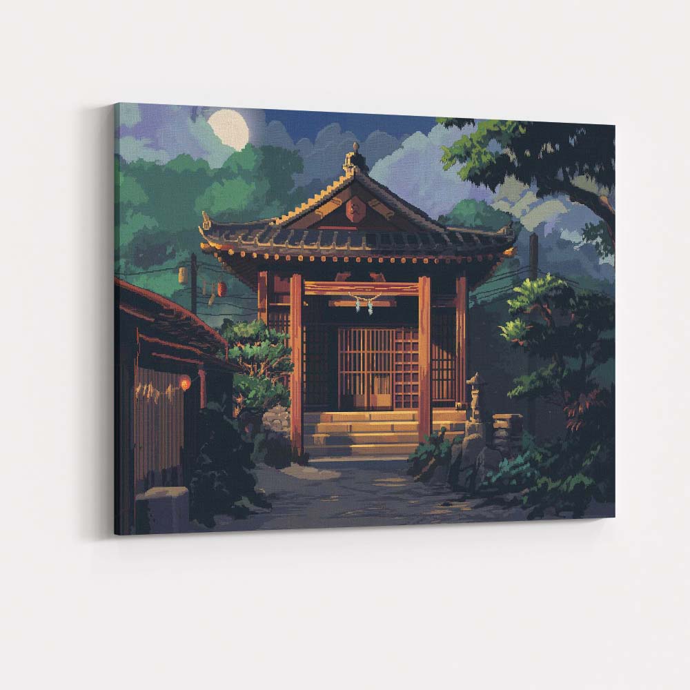 Traditional Japanese Shrine Moonlit Night Landscape Canvas Wall Art Print Decor Picture Ready to Hang