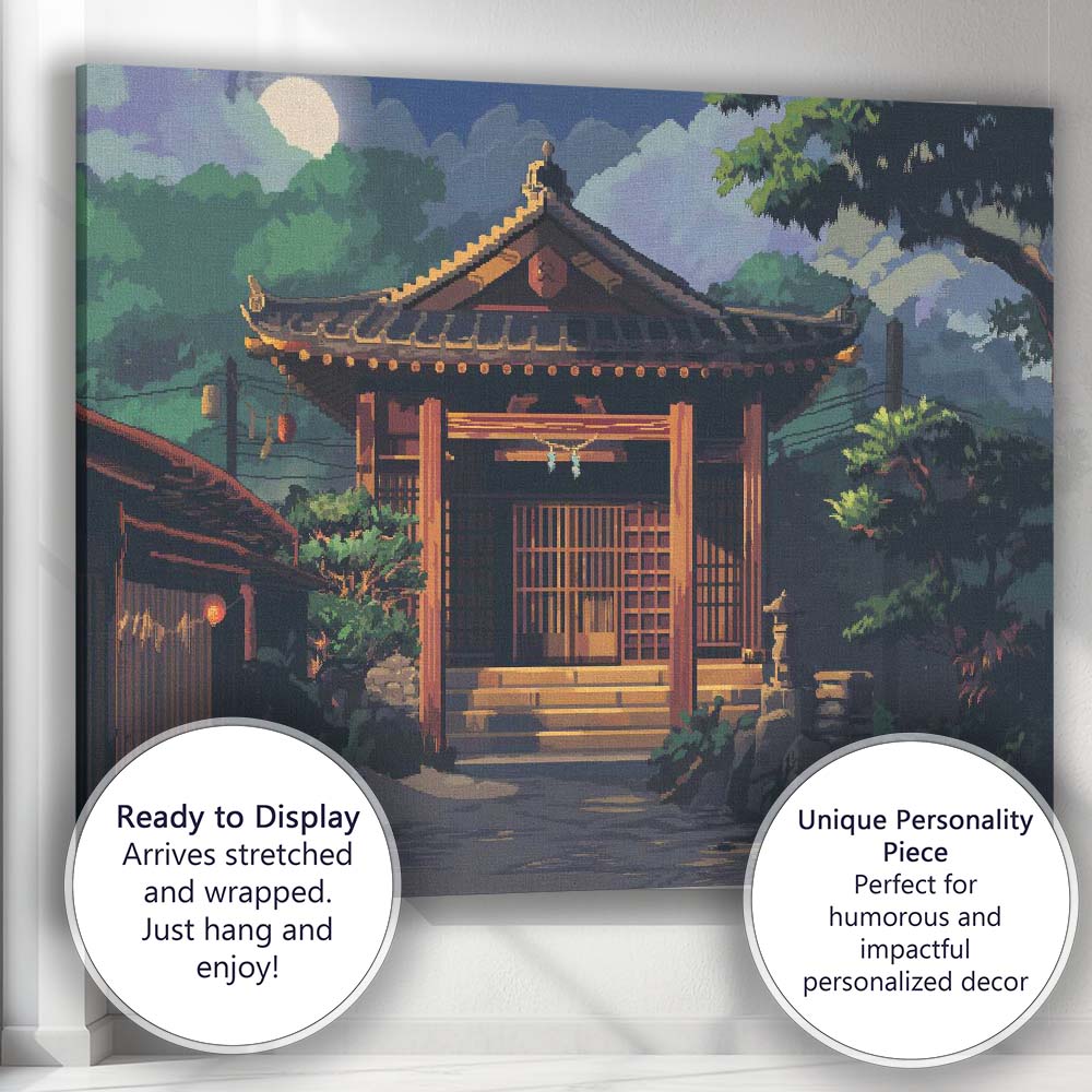Traditional Japanese Shrine Moonlit Night Landscape Canvas Wall Art Print Decor Picture Ready to Hang