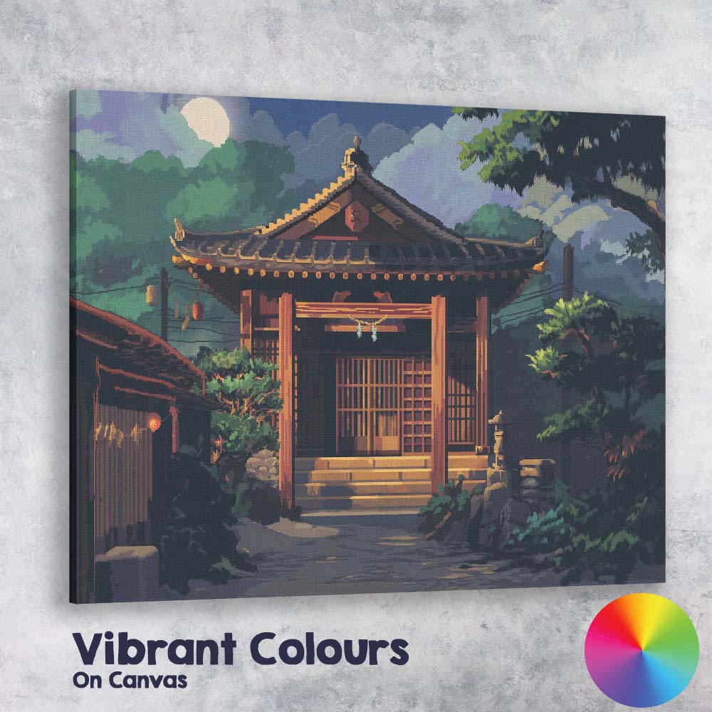 Traditional Japanese Shrine Moonlit Night Landscape Canvas Wall Art Print Decor Picture Ready to Hang