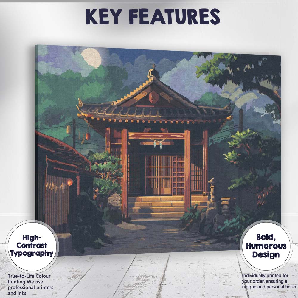 Traditional Japanese Shrine Moonlit Night Landscape Canvas Wall Art Print Decor Picture Ready to Hang