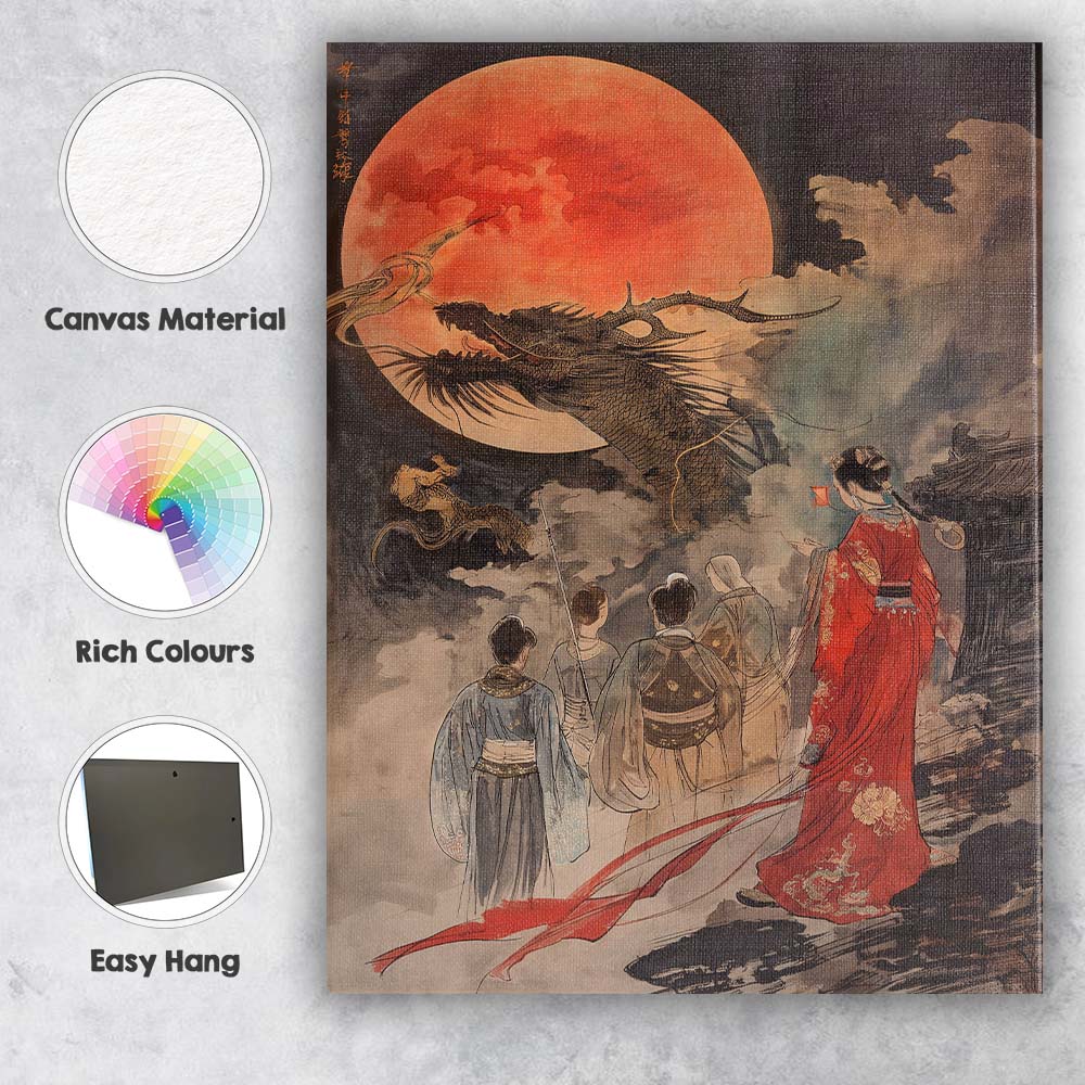 Traditional Chinese Dragon Red Moon Oriental Ink Painting Canvas Wall Art Print Decor Picture Ready to Hang