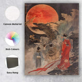 Traditional Chinese Dragon Red Moon Oriental Ink Painting Canvas Wall Art Print Decor Picture Ready to Hang
