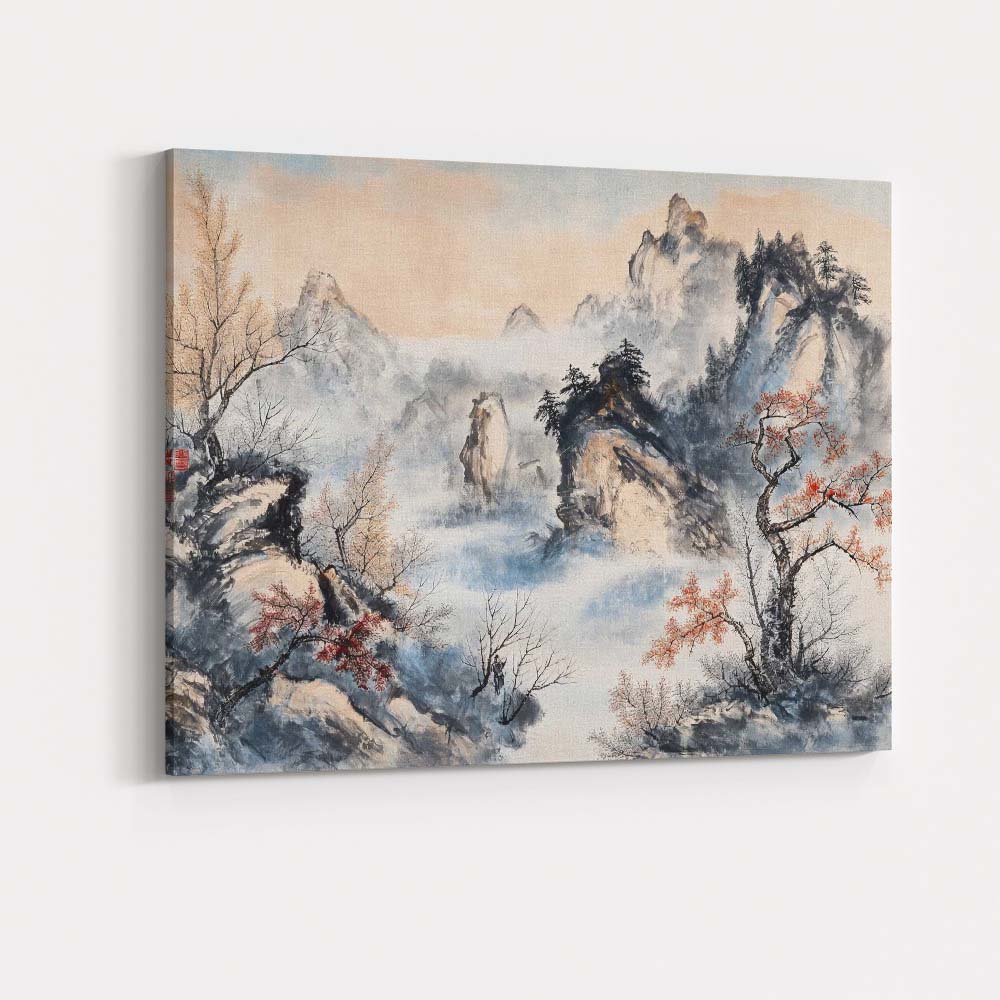 Misty Chinese Mountain Landscape Oriental Ink Wash Painting Canvas Wall Art Print Decor Picture Ready to Hang