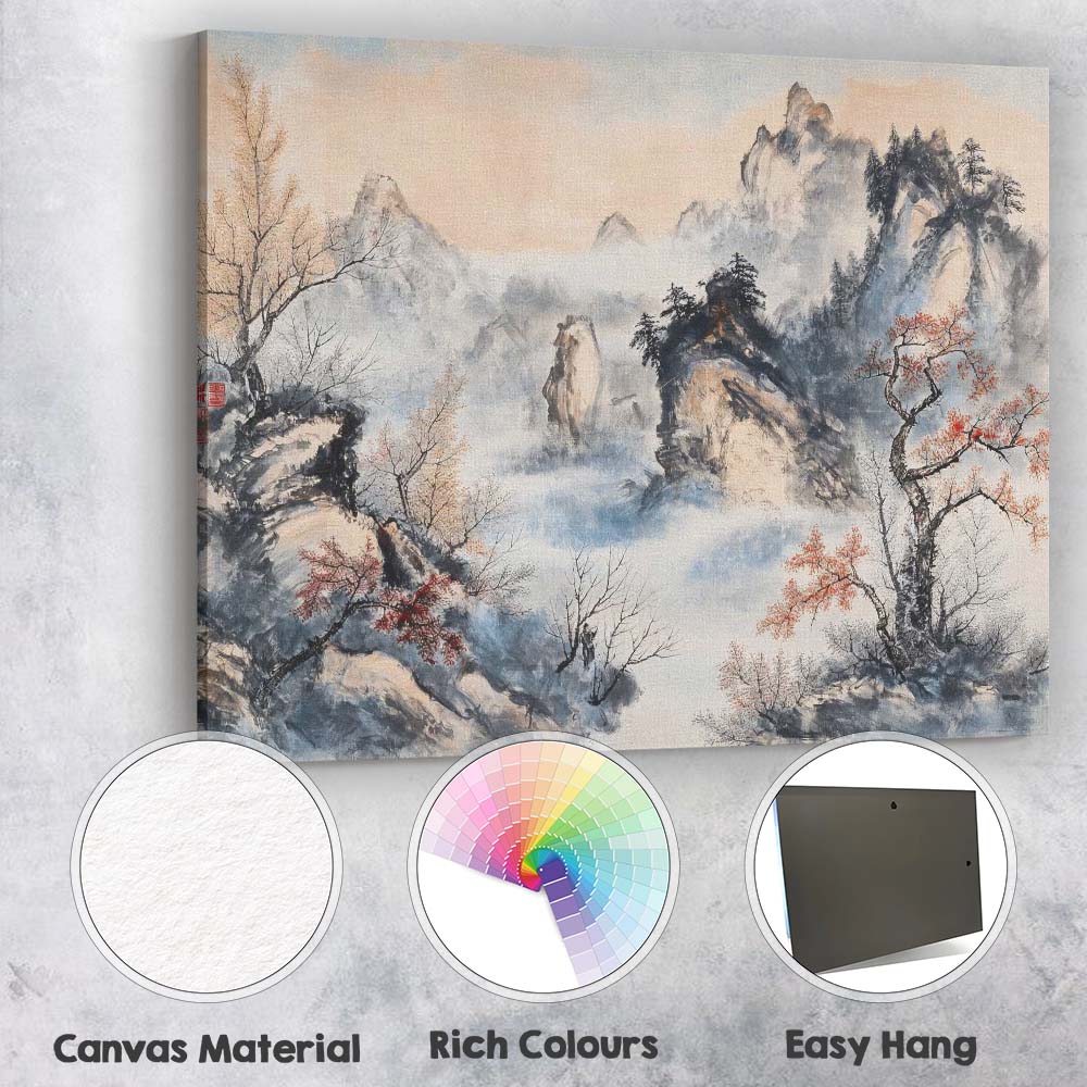 Misty Chinese Mountain Landscape Oriental Ink Wash Painting Canvas Wall Art Print Decor Picture Ready to Hang