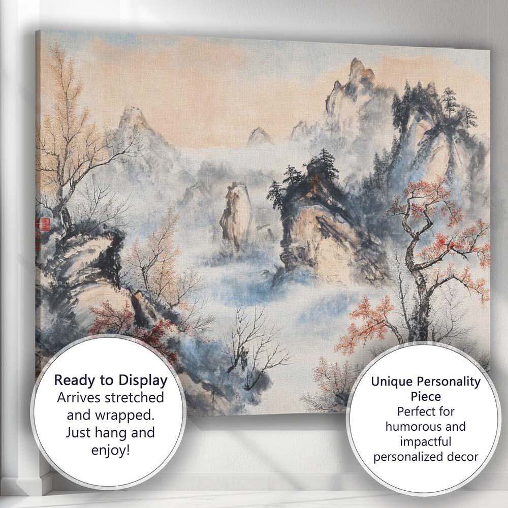 Misty Chinese Mountain Landscape Oriental Ink Wash Painting Canvas Wall Art Print Decor Picture Ready to Hang