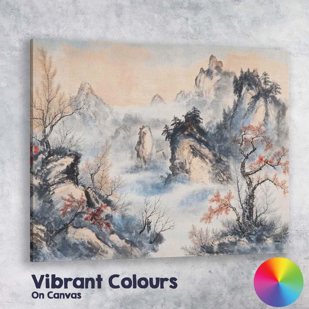 Misty Chinese Mountain Landscape Oriental Ink Wash Painting Canvas Wall Art Print Decor Picture Ready to Hang