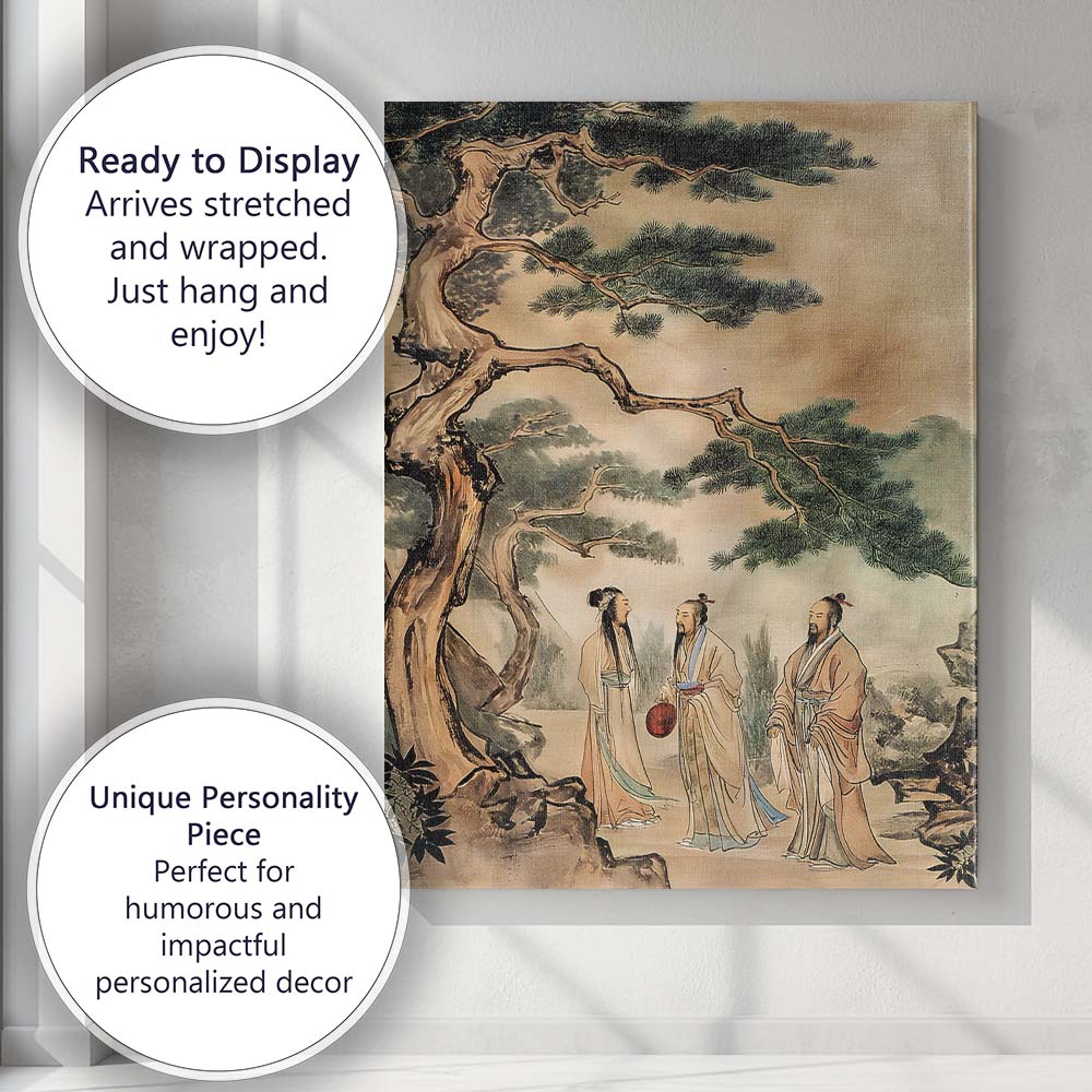 Classical Chinese Scholars Beneath Ancient Pine Tree Oriental Ink Painting Canvas Wall Art Print Decor Picture Ready to Hang