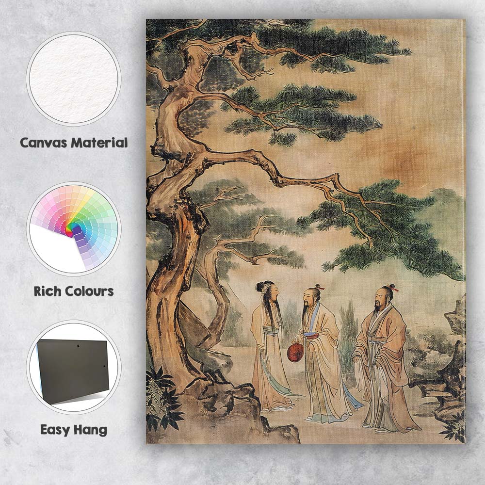 Classical Chinese Scholars Beneath Ancient Pine Tree Oriental Ink Painting Canvas Wall Art Print Decor Picture Ready to Hang