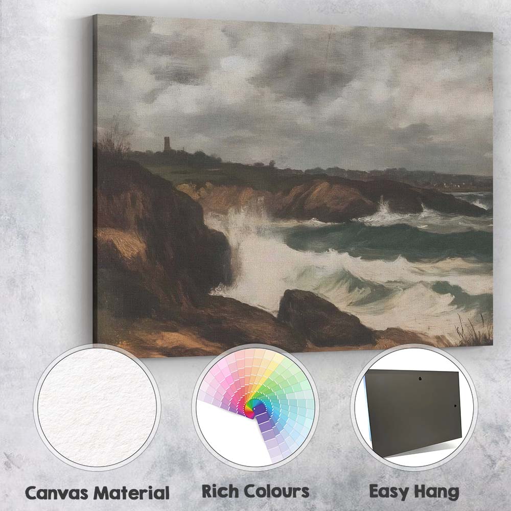 Dramatic Rocky Coastline Ocean Waves Seascape Painting Canvas Wall Art Print Decor Picture Ready to Hang