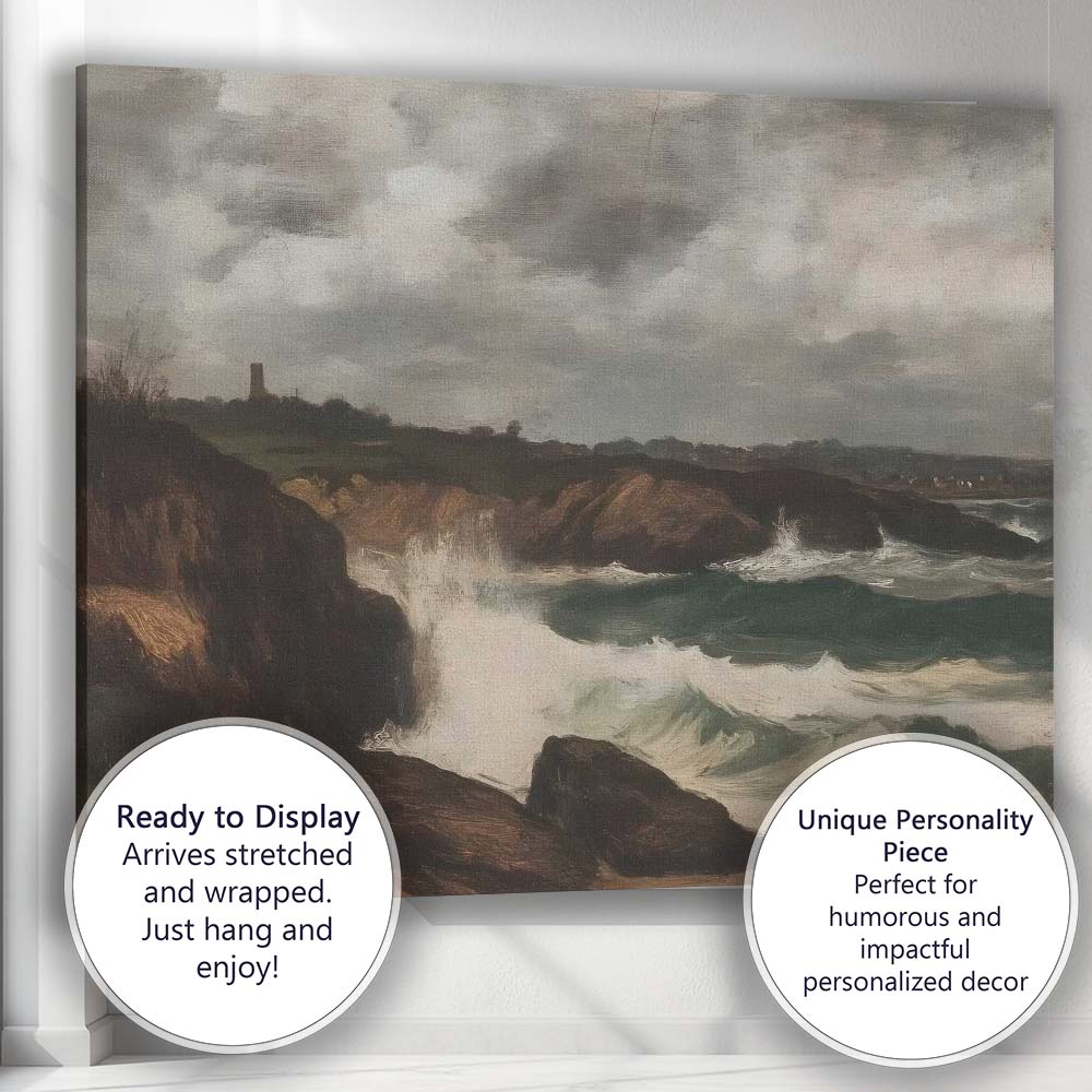 Dramatic Rocky Coastline Ocean Waves Seascape Painting Canvas Wall Art Print Decor Picture Ready to Hang