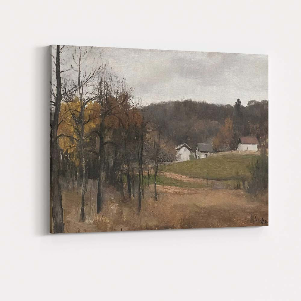 Muted Countryside Farmhouse Landscape with Autumn Woodland Canvas Wall Art Print Decor Picture Ready to Hang