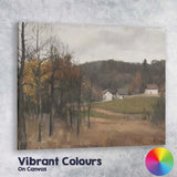 Muted Countryside Farmhouse Landscape with Autumn Woodland Canvas Wall Art Print Decor Picture Ready to Hang