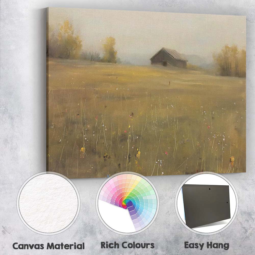 Misty Countryside Barn Meadow Minimalist Rural Landscape Canvas Wall Art Print Decor Picture Ready to Hang