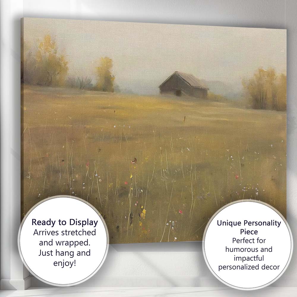 Misty Countryside Barn Meadow Minimalist Rural Landscape Canvas Wall Art Print Decor Picture Ready to Hang