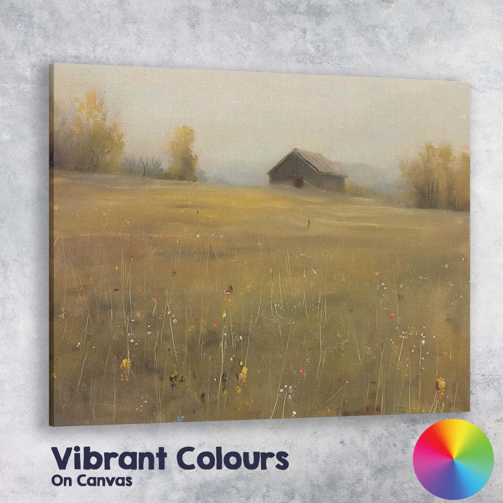 Misty Countryside Barn Meadow Minimalist Rural Landscape Canvas Wall Art Print Decor Picture Ready to Hang