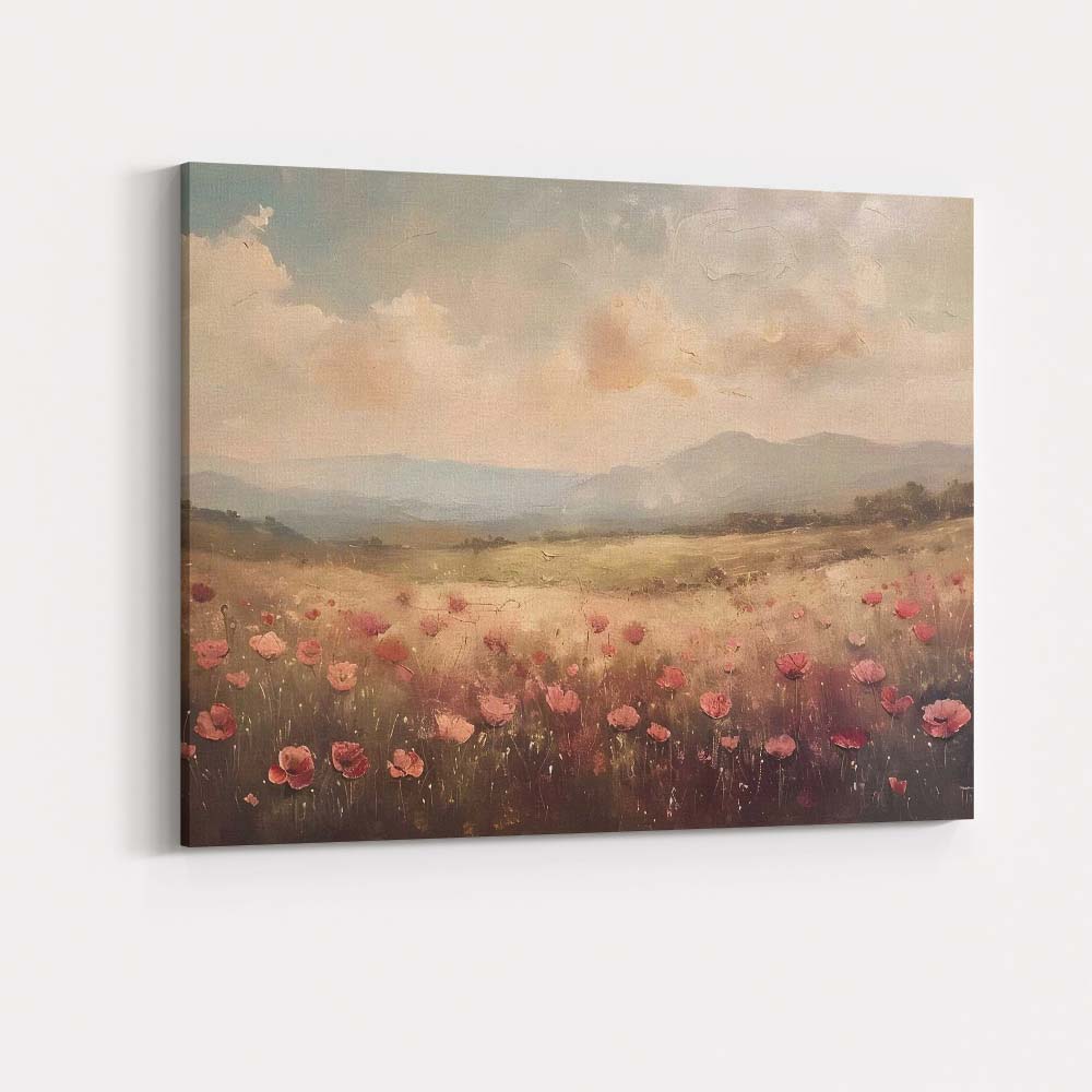 Soft Blush Poppy Meadow Dreamy Countryside Landscape Canvas Wall Art Print Decor Picture Ready to Hang
