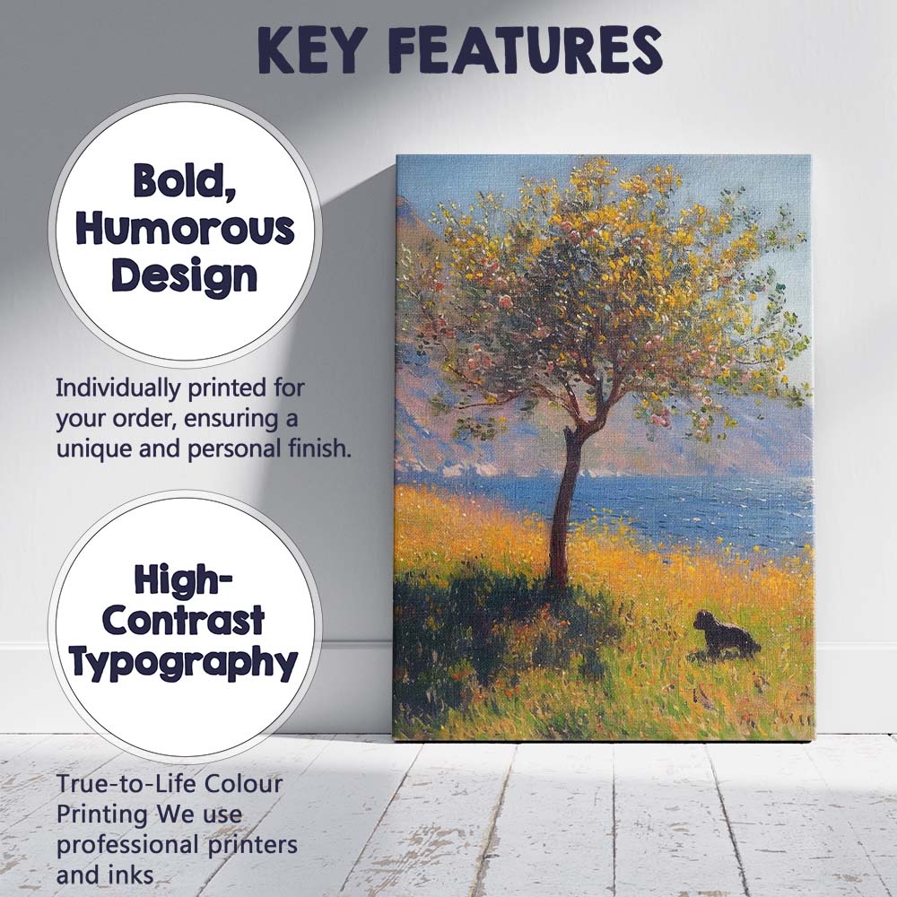 Golden Yellow Blossom Tree Lakeside Landscape With Black Dog Impressionist Canvas Wall Art Print Decor Picture Ready to Hang