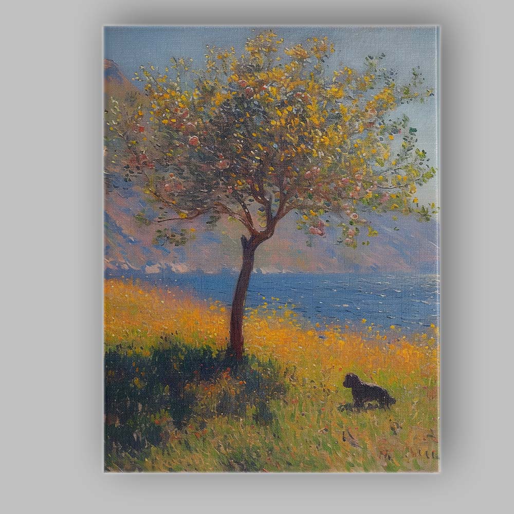 Golden Yellow Blossom Tree Lakeside Landscape With Black Dog Impressionist Canvas Wall Art Print Decor Picture Ready to Hang