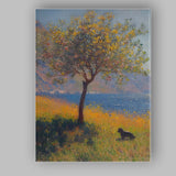 Golden Yellow Blossom Tree Lakeside Landscape With Black Dog Impressionist Canvas Wall Art Print Decor Picture Ready to Hang