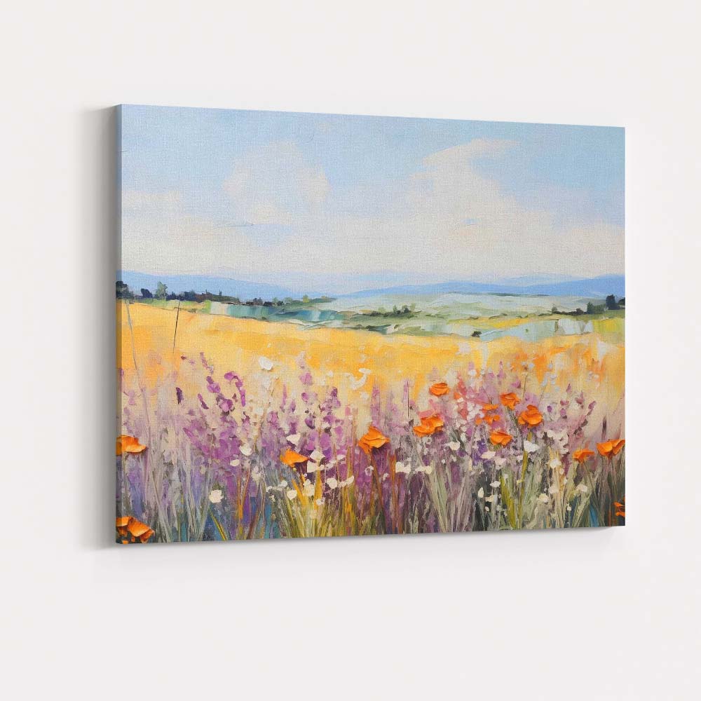 Pastel Wildflower Meadow and Golden Fields Impressionist Landscape Canvas Wall Art Print Decor Picture Ready to Hang
