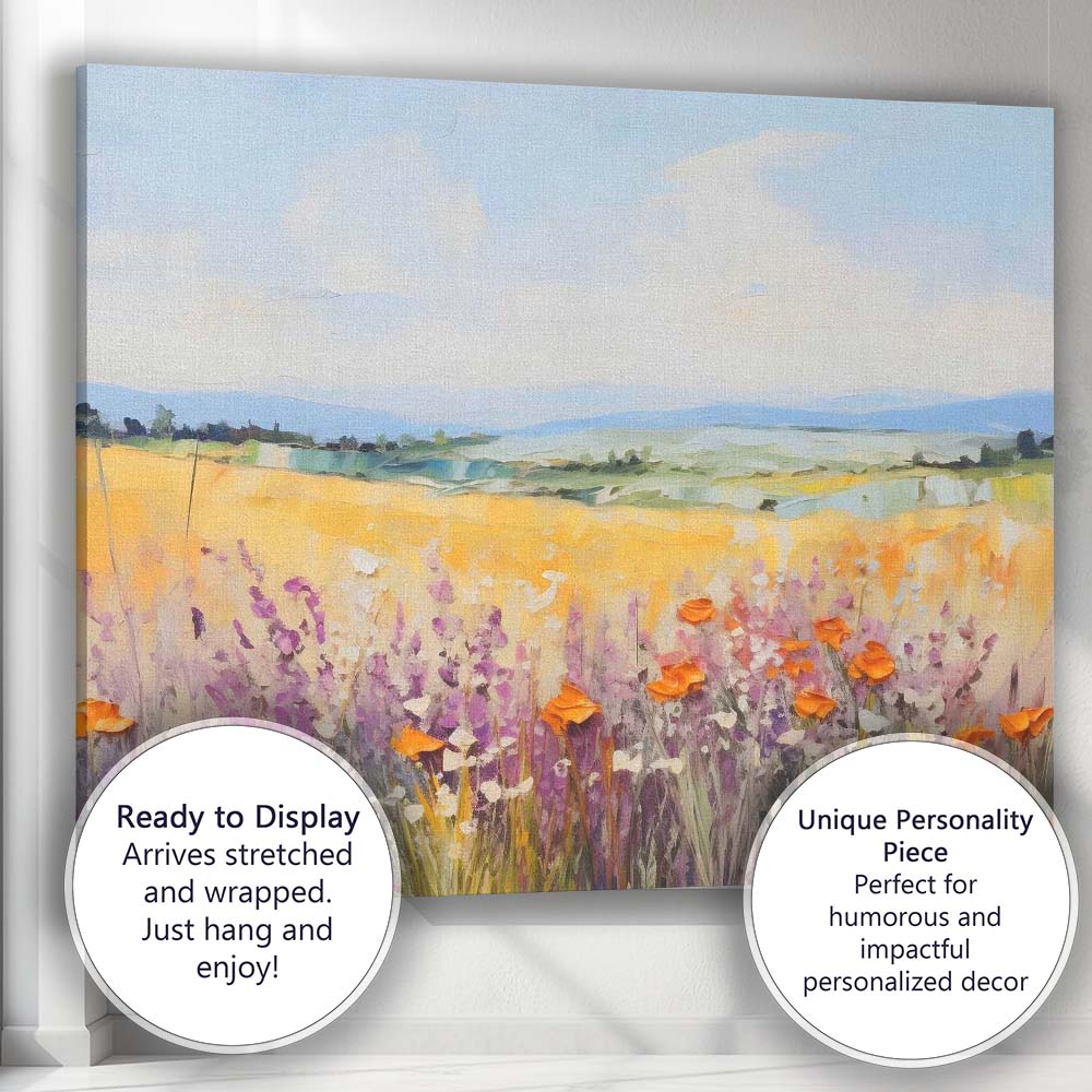 Pastel Wildflower Meadow and Golden Fields Impressionist Landscape Canvas Wall Art Print Decor Picture Ready to Hang