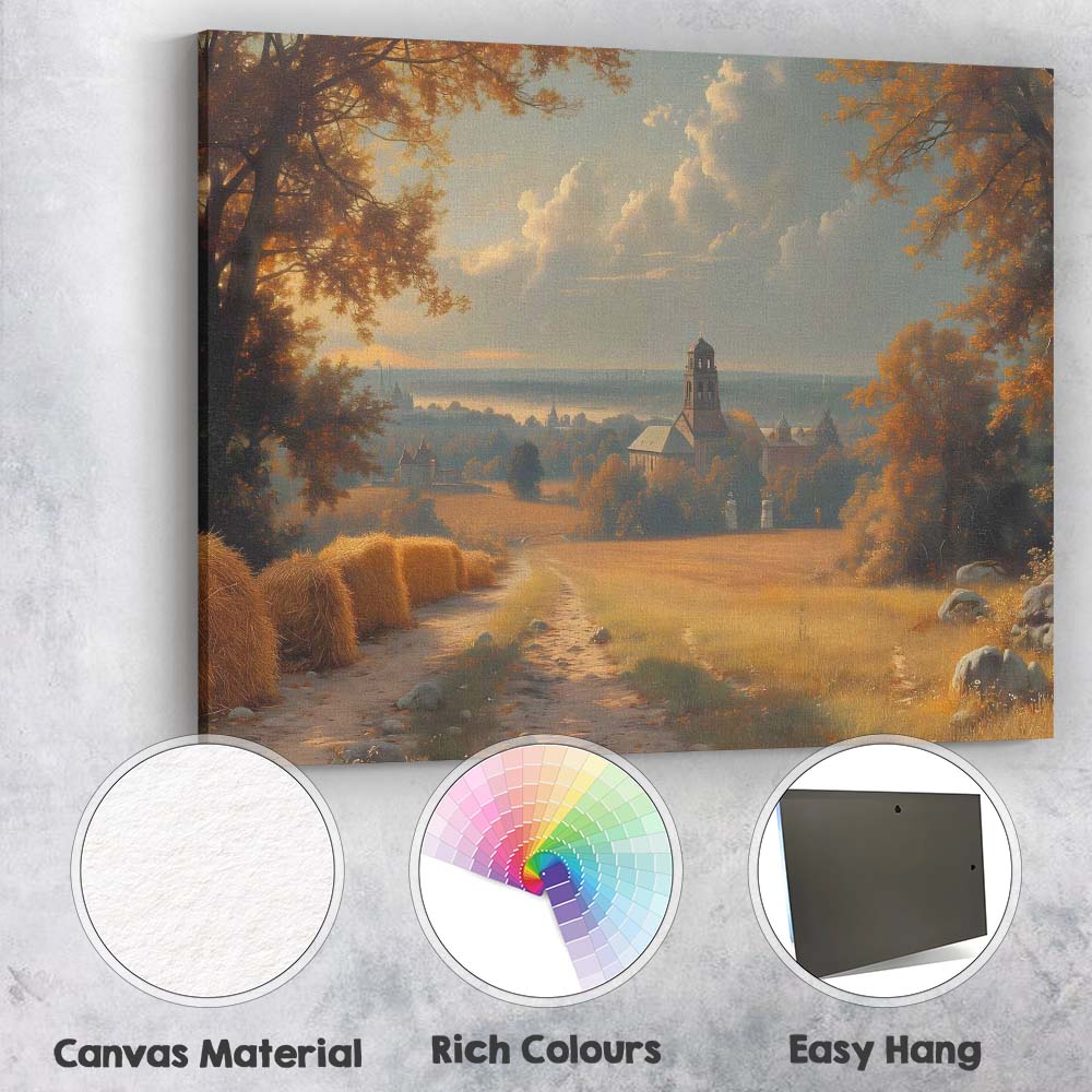 Autumn Countryside Church And Hay Bales Golden Hour Landscape Canvas Wall Art Print Decor Picture Ready to Hang