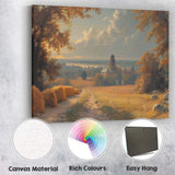 Autumn Countryside Church And Hay Bales Golden Hour Landscape Canvas Wall Art Print Decor Picture Ready to Hang