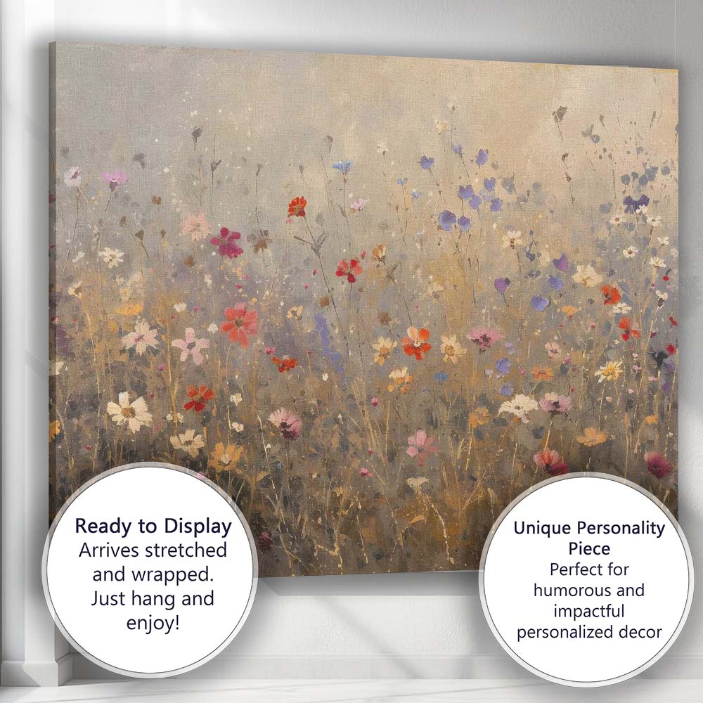 Delicate Wildflower Meadow Soft Neutral Botanical Painting Canvas Wall Art Print Decor Picture Ready to Hang