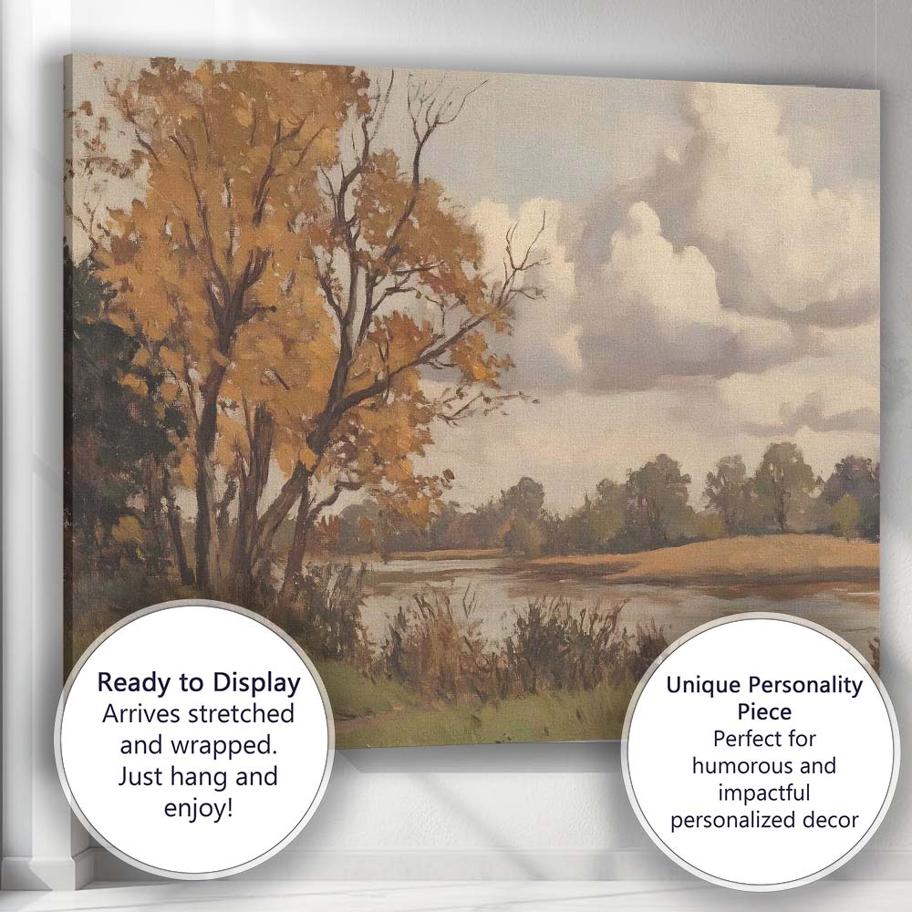 Golden Autumn Riverside Tree Peaceful Landscape Canvas Wall Art Print Decor Picture Ready to Hang