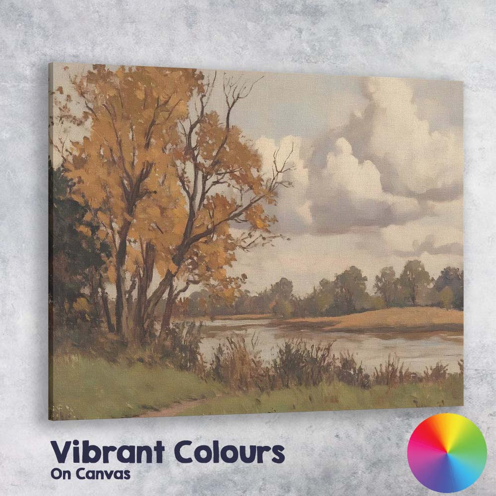 Golden Autumn Riverside Tree Peaceful Landscape Canvas Wall Art Print Decor Picture Ready to Hang