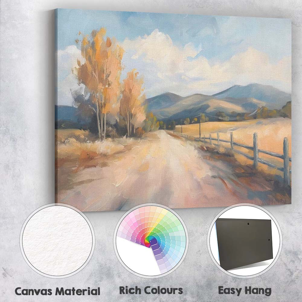 Sunlit Country Road Autumn Fields Impressionist Landscape Canvas Wall Art Print Decor Picture Ready to Hang