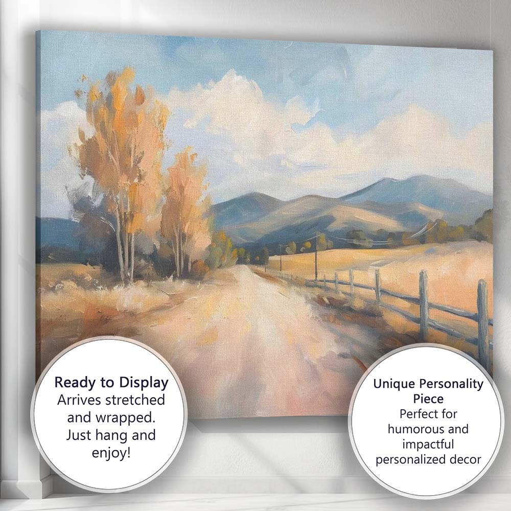 Sunlit Country Road Autumn Fields Impressionist Landscape Canvas Wall Art Print Decor Picture Ready to Hang