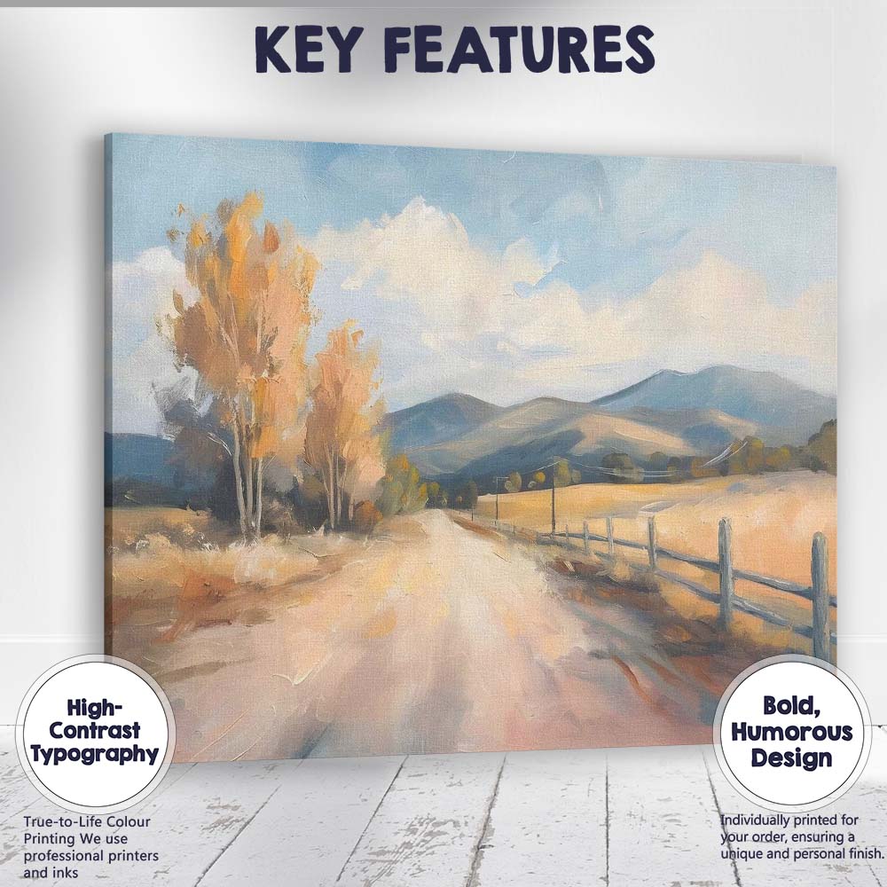 Sunlit Country Road Autumn Fields Impressionist Landscape Canvas Wall Art Print Decor Picture Ready to Hang