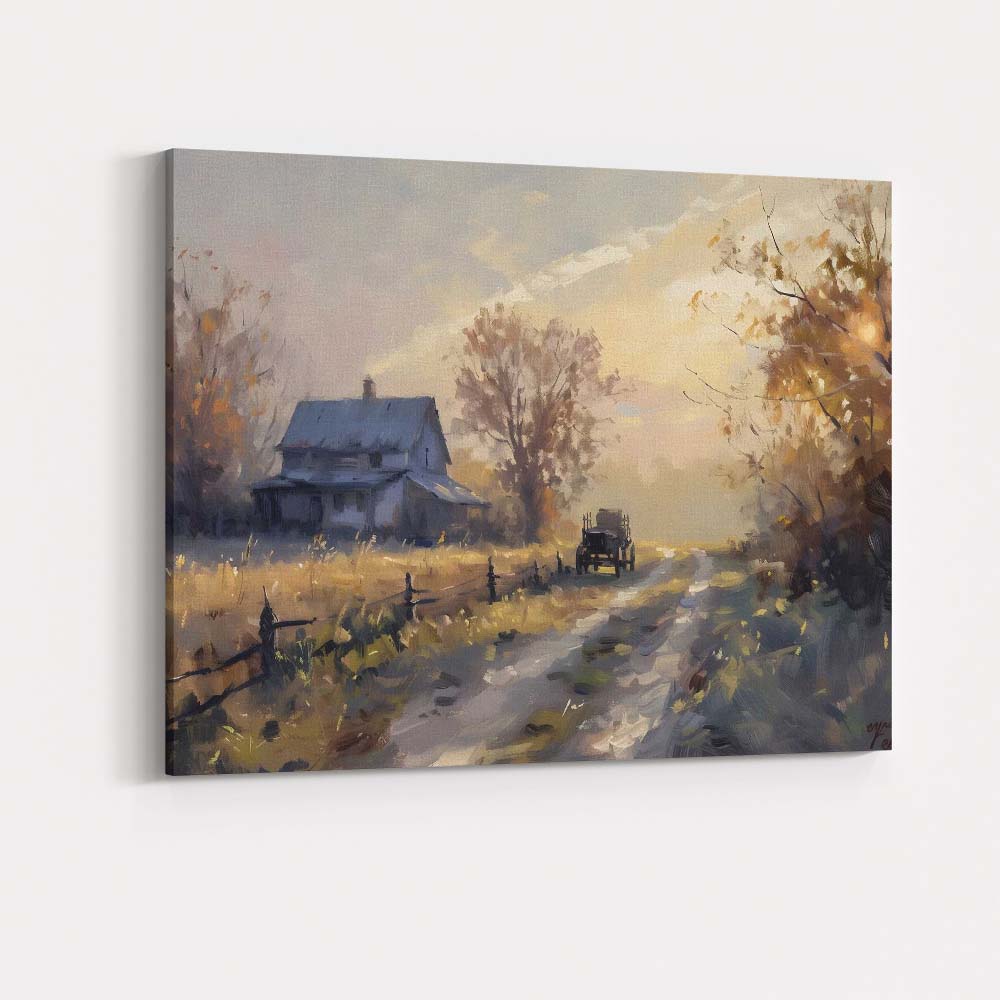 Golden Hour Farmhouse Country Lane Impressionist Landscape Canvas Wall Art Print Decor Picture Ready to Hang