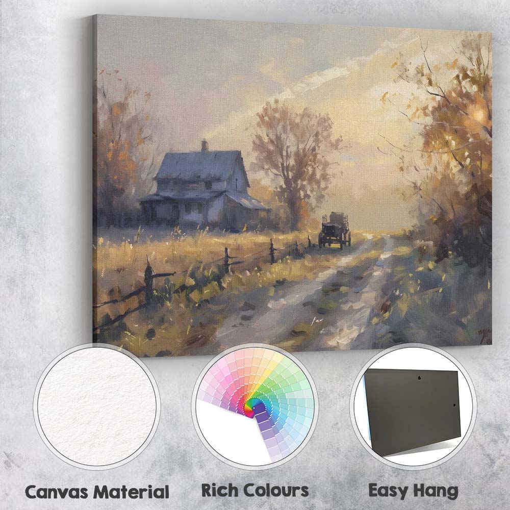 Golden Hour Farmhouse Country Lane Impressionist Landscape Canvas Wall Art Print Decor Picture Ready to Hang