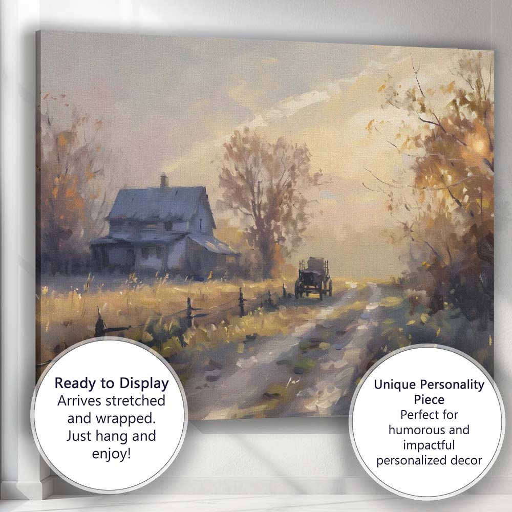 Golden Hour Farmhouse Country Lane Impressionist Landscape Canvas Wall Art Print Decor Picture Ready to Hang