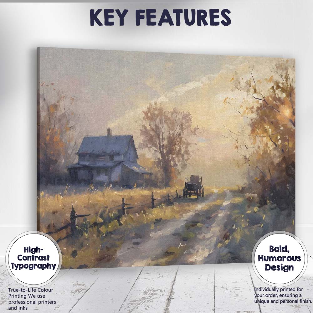 Golden Hour Farmhouse Country Lane Impressionist Landscape Canvas Wall Art Print Decor Picture Ready to Hang