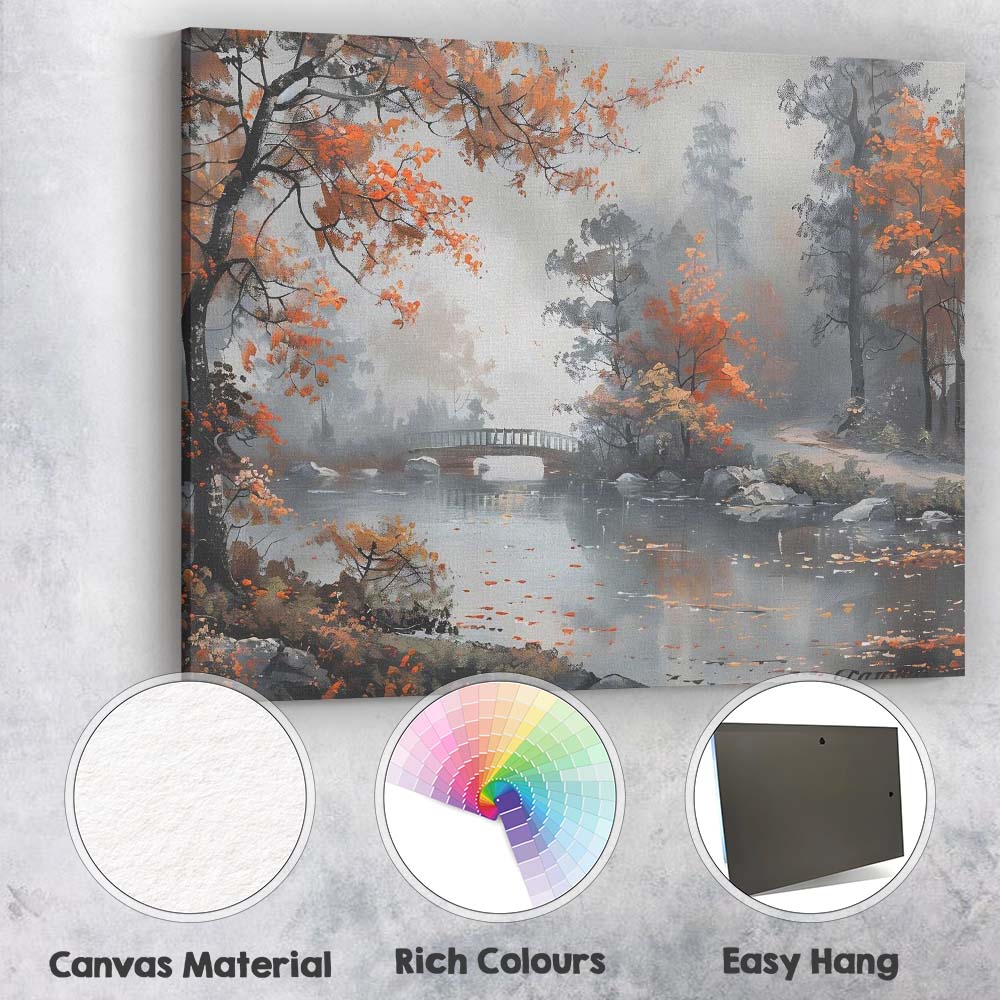 Misty Autumn River Scene with Bridge and Orange Foliage Canvas Wall Art Print Decor Picture Ready to Hang
